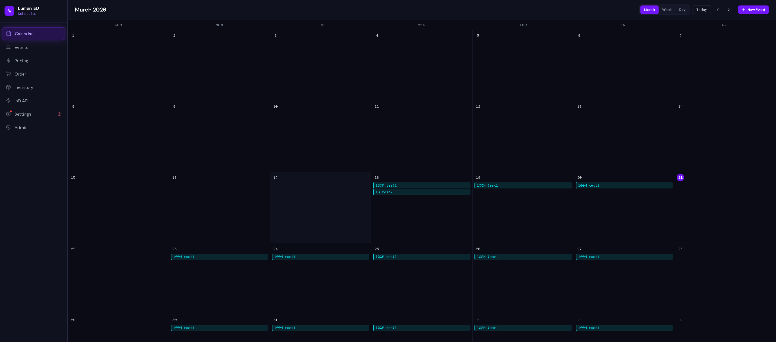 Apptifi IoD bandwidth scheduler showing monthly calendar view with recurring bandwidth events across multiple days
